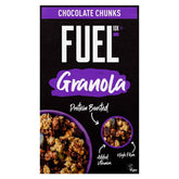 Front of a FUEL10K Granola With Chocolate Chunks 400g box, labeled as protein boosted chocolate granola with added vitamins, high fibre, and vegan icons—ideal for an energy breakfast.